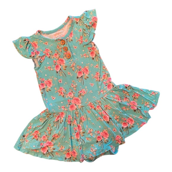 Posh Peanut Other - Posh Peanut ruffled cap sleeve henley twirl skirt bodysuit “Therisa” Teal